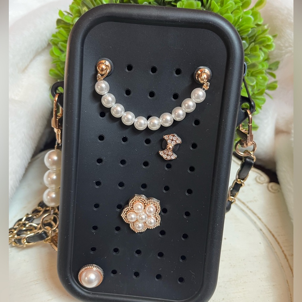 Boujee silicone Black Crossbody Phone Case with Faux Pearl Accents new - Picture 7 of 8